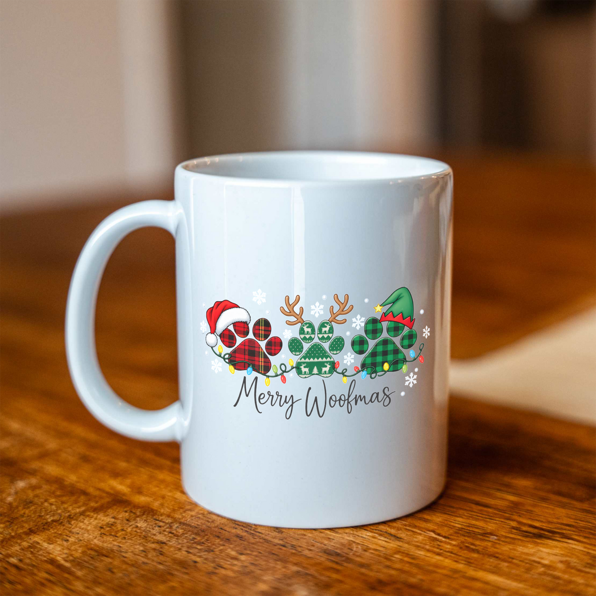 Merry Woofmas Christmas Mug, Dog Lover Christmas Coffee Cup, Cute Paw Print Holiday Mug, Dog Mom Gift, Festive Christmas Dog Mug