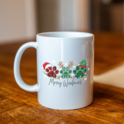 Merry Woofmas Christmas Mug, Dog Lover Christmas Coffee Cup, Cute Paw Print Holiday Mug, Dog Mom Gift, Festive Christmas Dog Mug