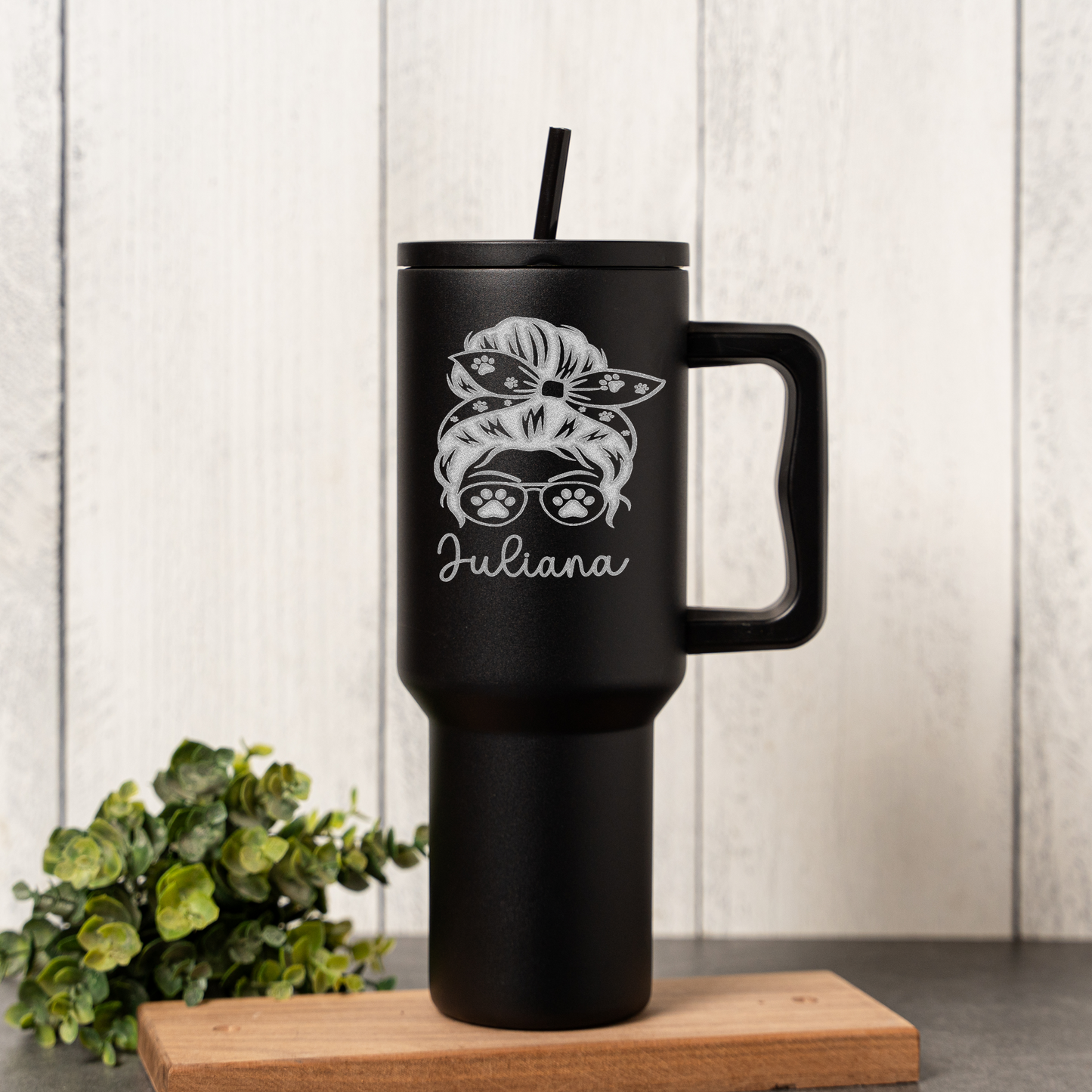 Personalized Dog Mom 40 oz Tumbler | Custom Dog Lover Travel Mug | Messy Bun Paw Print Tumbler | Personalized Pet Mom Cup