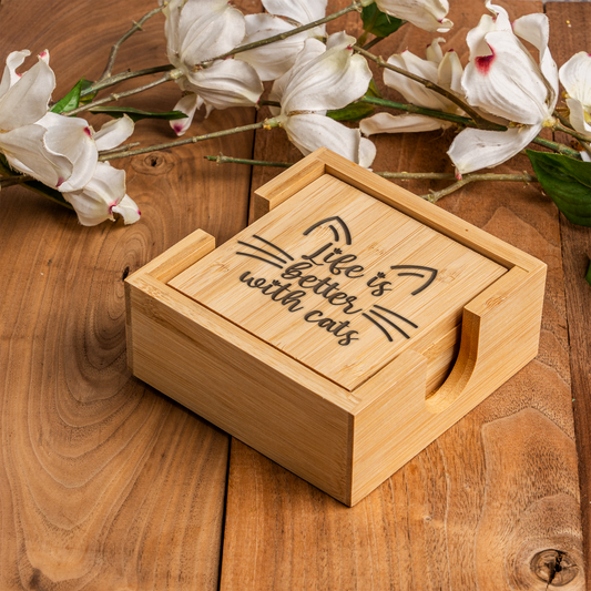 Bamboo Coaster Set With Holder, Cat Lovers Gift, Life is Better with Cats Design, Eco-Friendly Decor