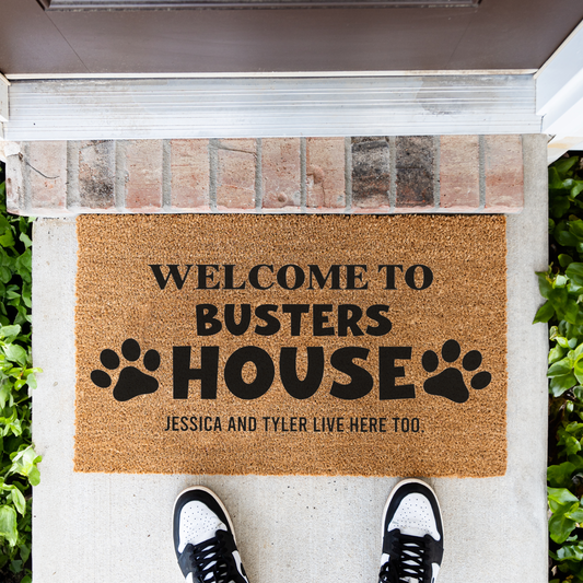 Personalized Dog Doormat, Welcome to Busters House Mat, Custom Dog Name Door Mat, Funny Pet Lover Gift, Dog Mom Housewarming Decor