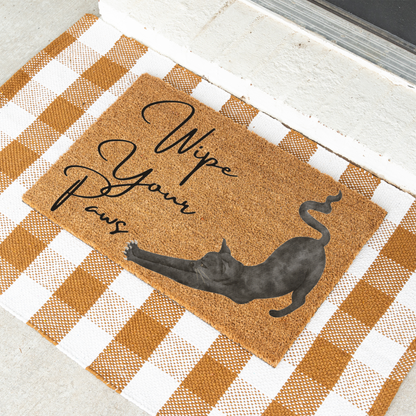 Funny Cat Doormat, Wipe Your Paws Welcome Mat, Black Cat Stretching Door Mat, Cat Lover Gift, Pet Owner Entryway Decor, Housewarming Gift