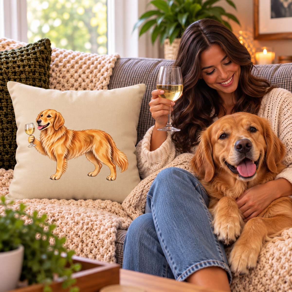 Golden Retriever Holding Different Drinks Pillow Case