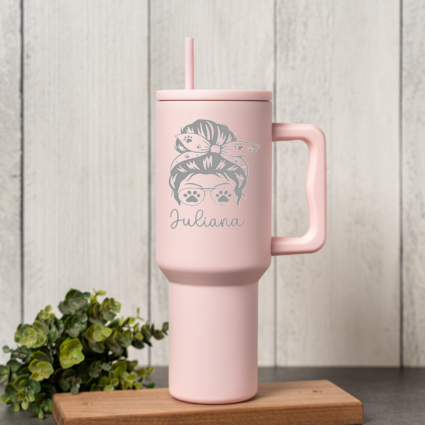Personalized Dog Mom 40 oz Tumbler | Custom Dog Lover Travel Mug | Messy Bun Paw Print Tumbler | Personalized Pet Mom Cup