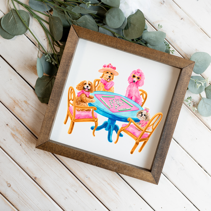 Mahjong Dog Wall Art, Dogs Playing Mahjong Sign, Pink Mahjong Room Decor, Dog Lover Gift, Framed Wooden Sign, Game Night Wall Decor