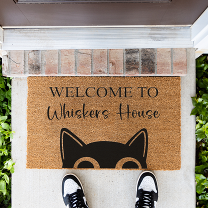 Personalized Cat Welcome Mat, Custom Cat Doormat, Welcome to Whiskers House Mat, Cat Lover Gift, Custom Pet Name Front Door Decor
