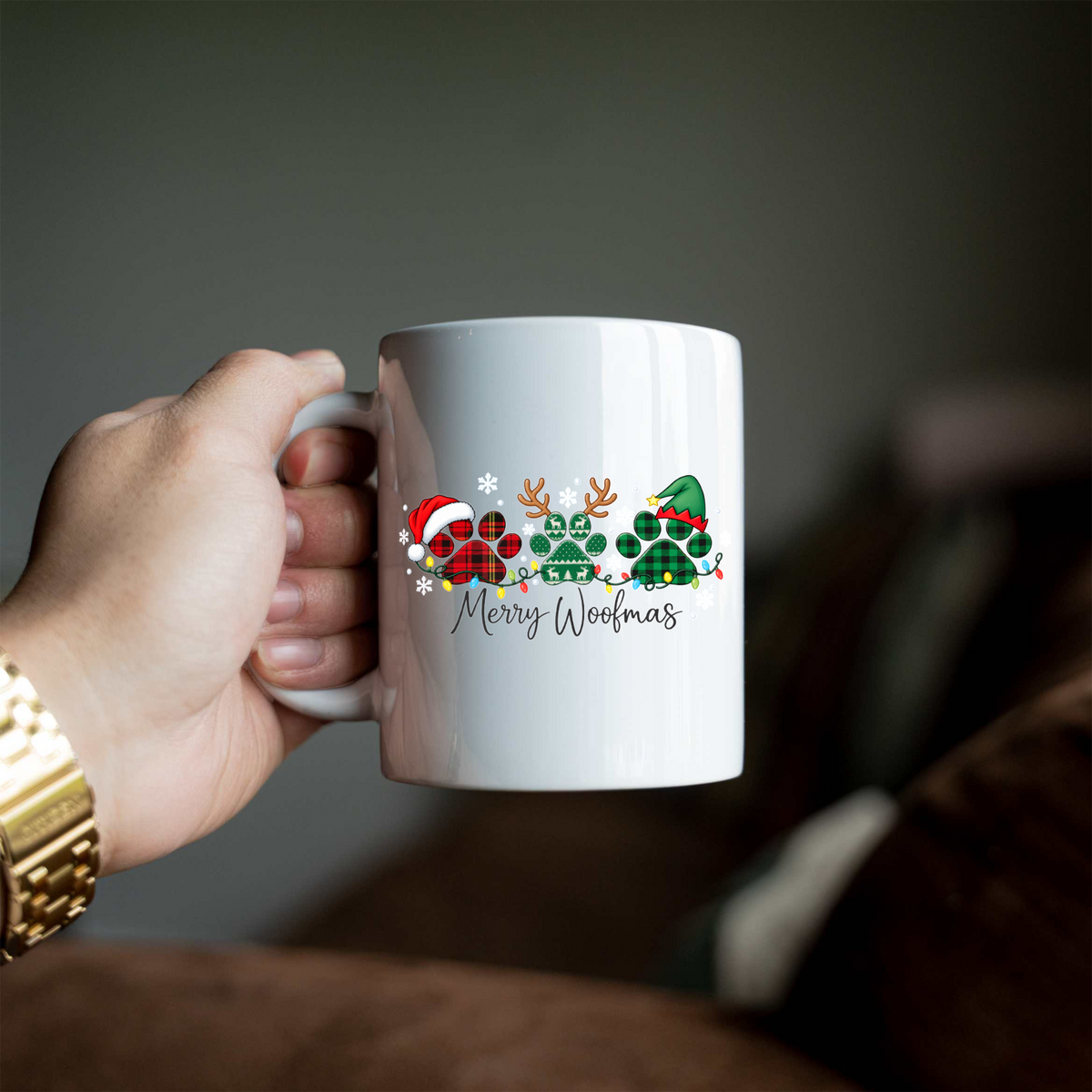 Merry Woofmas Christmas Mug, Dog Lover Christmas Coffee Cup, Cute Paw Print Holiday Mug, Dog Mom Gift, Festive Christmas Dog Mug