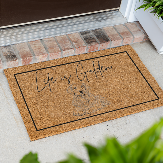 Life Is Golden Funny Dog Doormat, Dog Welcome Doormat, Funny Housewarming Gift, Modern Entryway Rug for Indoor Outdoor, Golden Retriever