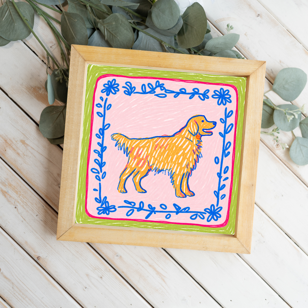 Golden Retriever Framed Wall Art, Colorful Dog Lover Decor, Preppy Golden Retriever Print, Cute Dog Mom Gift, Whimsical Pet Art, Dog Room Si