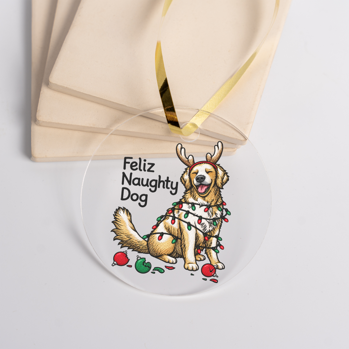 Feliz Naughty Dog Christmas Ornament, Funny Dog Ornament, Christmas Dog Lover Gift, Reindeer Dog Holiday Ornament, Pet Owner Xmas Decor