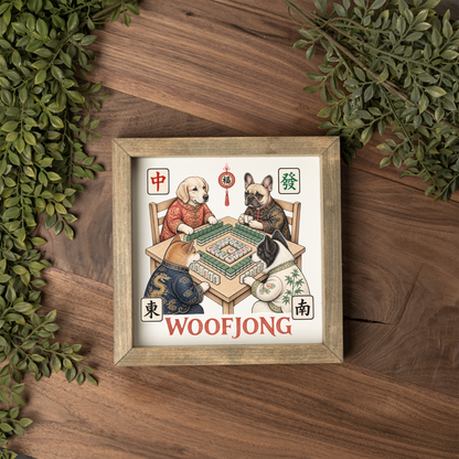 Woofjong Mahjong Dog Wall Art, Funny Mahjong Sign, Dog Lover Gift, Framed Wooden Decor, Mahjong Player Gift, Game Night Room Decor