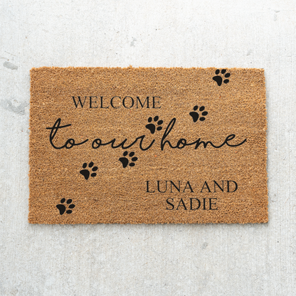 Personalized Pet Doormat, Welcome to Our Home Custom Pet Name Mat, Paw Print Door Mat, Dog Cat Lover Gift, Personalized Housewarming Decor