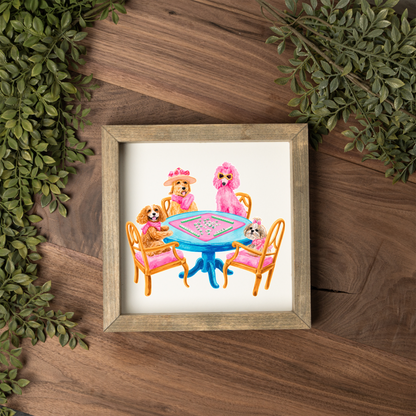 Mahjong Dog Wall Art, Dogs Playing Mahjong Sign, Pink Mahjong Room Decor, Dog Lover Gift, Framed Wooden Sign, Game Night Wall Decor