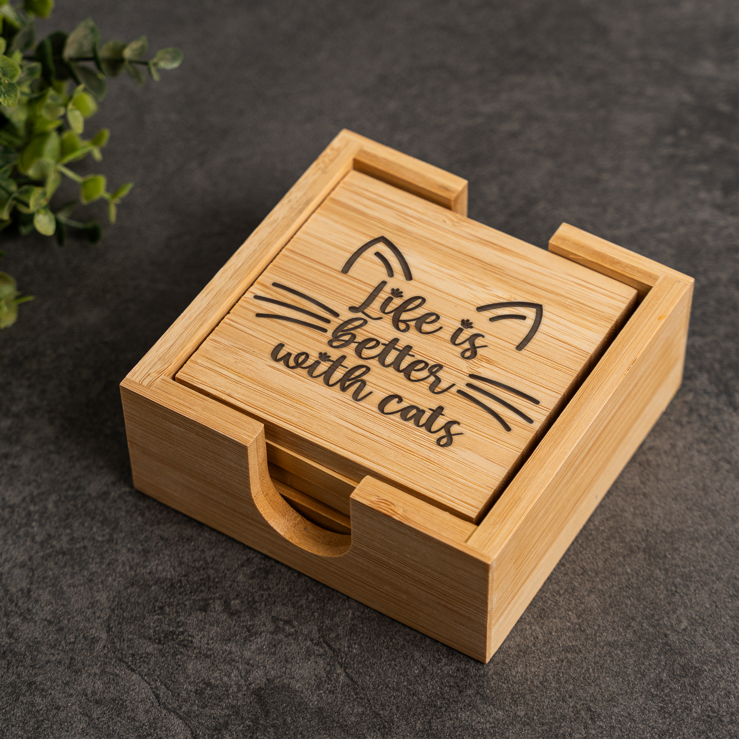 Bamboo Coaster Set With Holder, Cat Lovers Gift, Life is Better with Cats Design, Eco-Friendly Decor