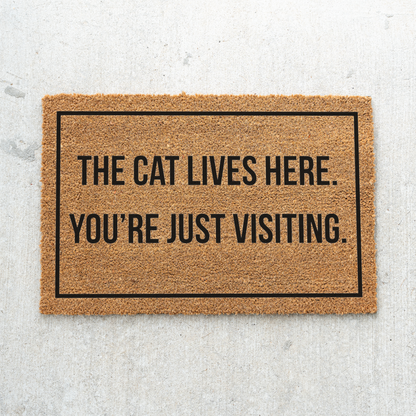 The Cat Lives Here You’re Just Visiting Doormat, Funny Cat Welcome Mat, Cat Lover Gift, Cat Owner Door Mat, Housewarming Front Door Decor