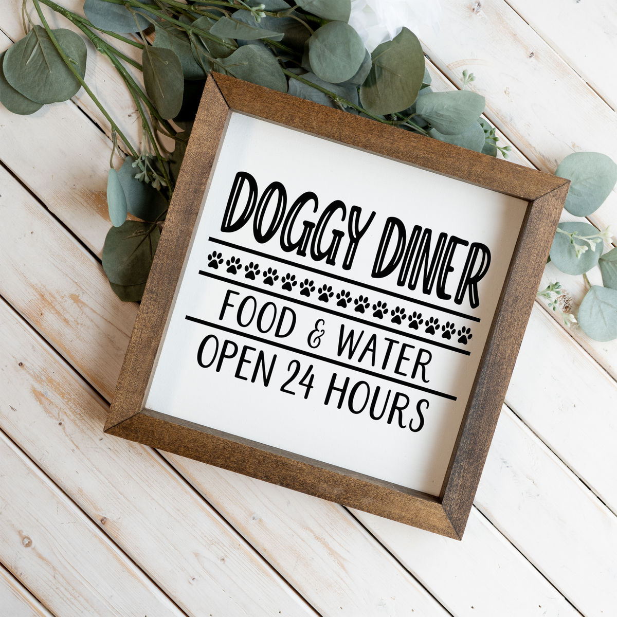 Doggy Diner Sign, Funny Dog Kitchen Decor, Dog Food and Water Sign, Dog Lover Gift, Pet Feeding Station Decor, Framed Dog Sign, Paw Prints