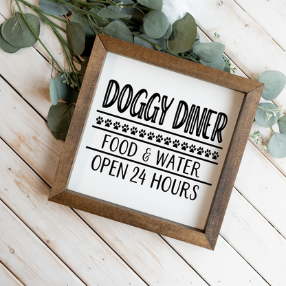 Doggy Diner Sign, Funny Dog Kitchen Decor, Dog Food and Water Sign, Dog Lover Gift, Pet Feeding Station Decor, Framed Dog Sign, Paw Prints