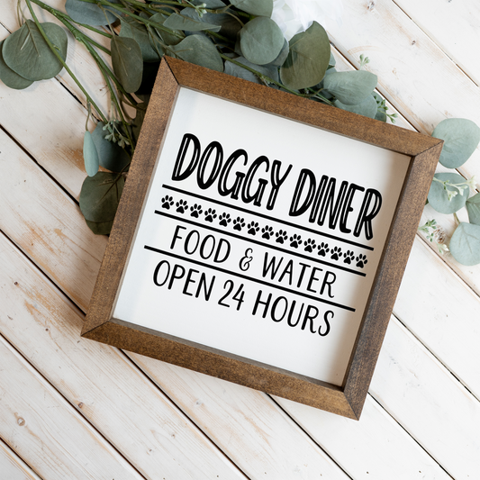 Doggy Diner Sign, Funny Dog Kitchen Decor, Dog Food and Water Sign, Dog Lover Gift, Pet Feeding Station Decor, Framed Dog Sign, Paw Prints