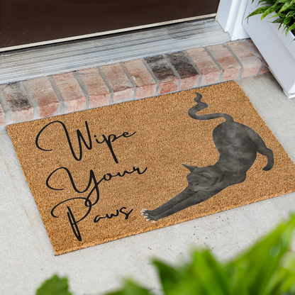 Funny Cat Doormat, Wipe Your Paws Welcome Mat, Black Cat Stretching Door Mat, Cat Lover Gift, Pet Owner Entryway Decor, Housewarming Gift