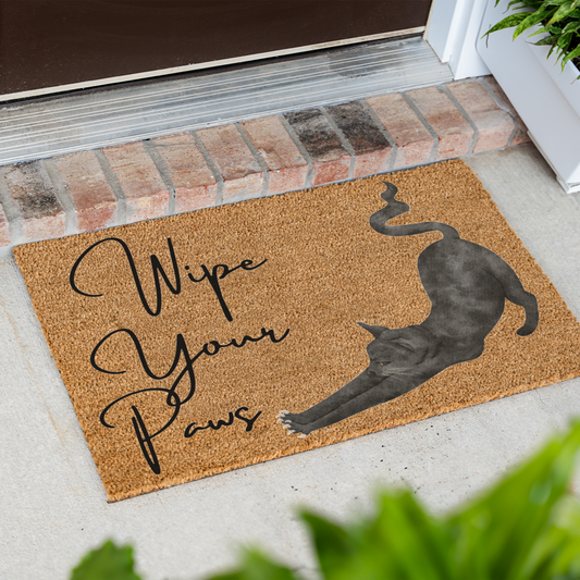 Funny Cat Doormat, Wipe Your Paws Welcome Mat, Black Cat Stretching Door Mat, Cat Lover Gift, Pet Owner Entryway Decor, Housewarming Gift