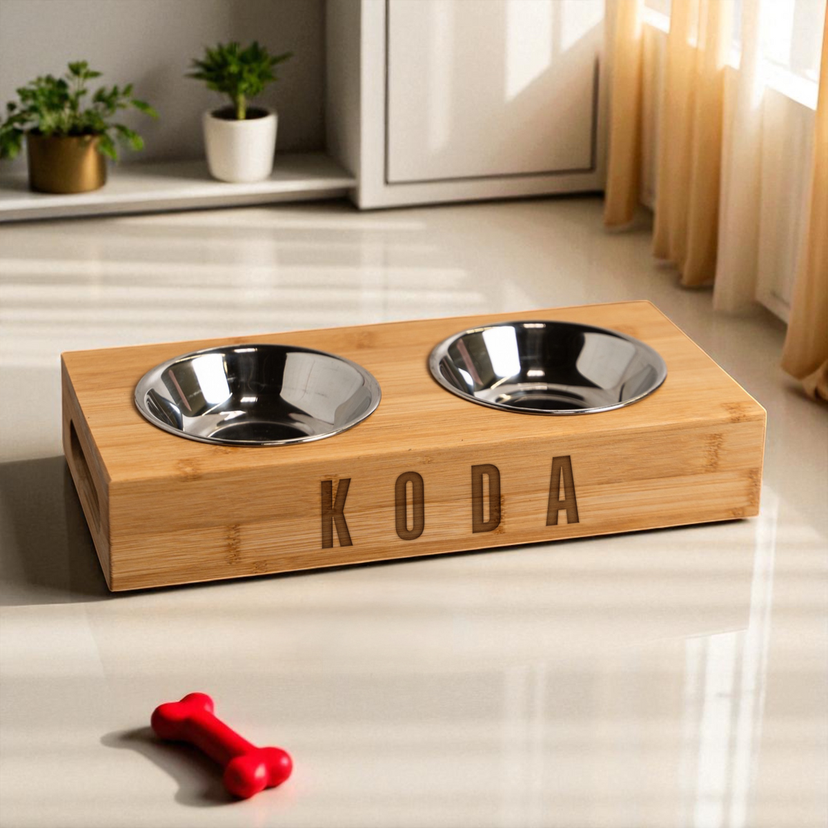 Personalized Wood Pet Feeding Stand with Dog Bowls
