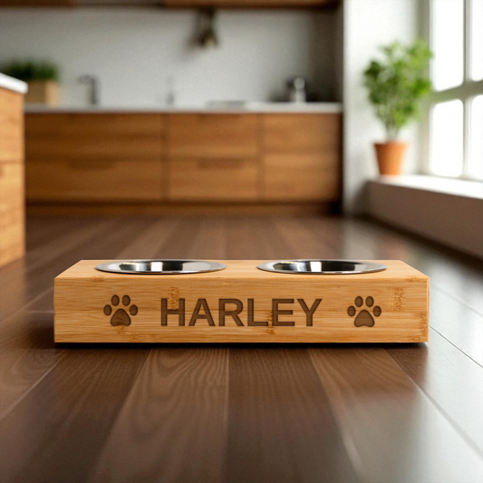 Personalized Wood Pet Feeding Stand with Dog Bowls