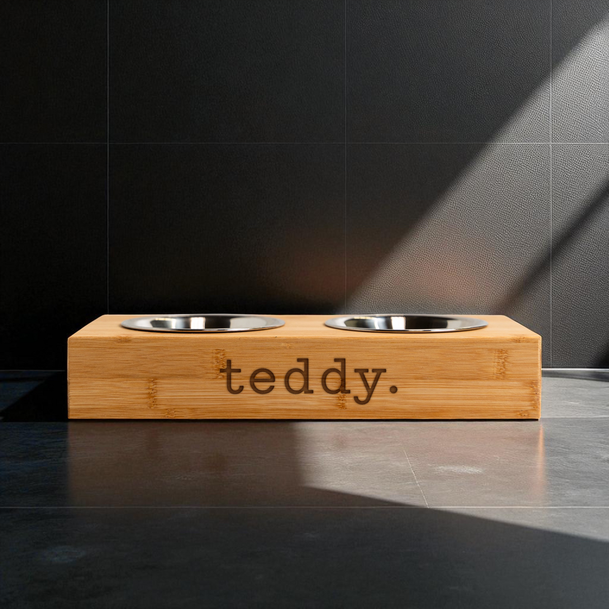 Personalized Wood Pet Feeding Stand with Dog Bowls