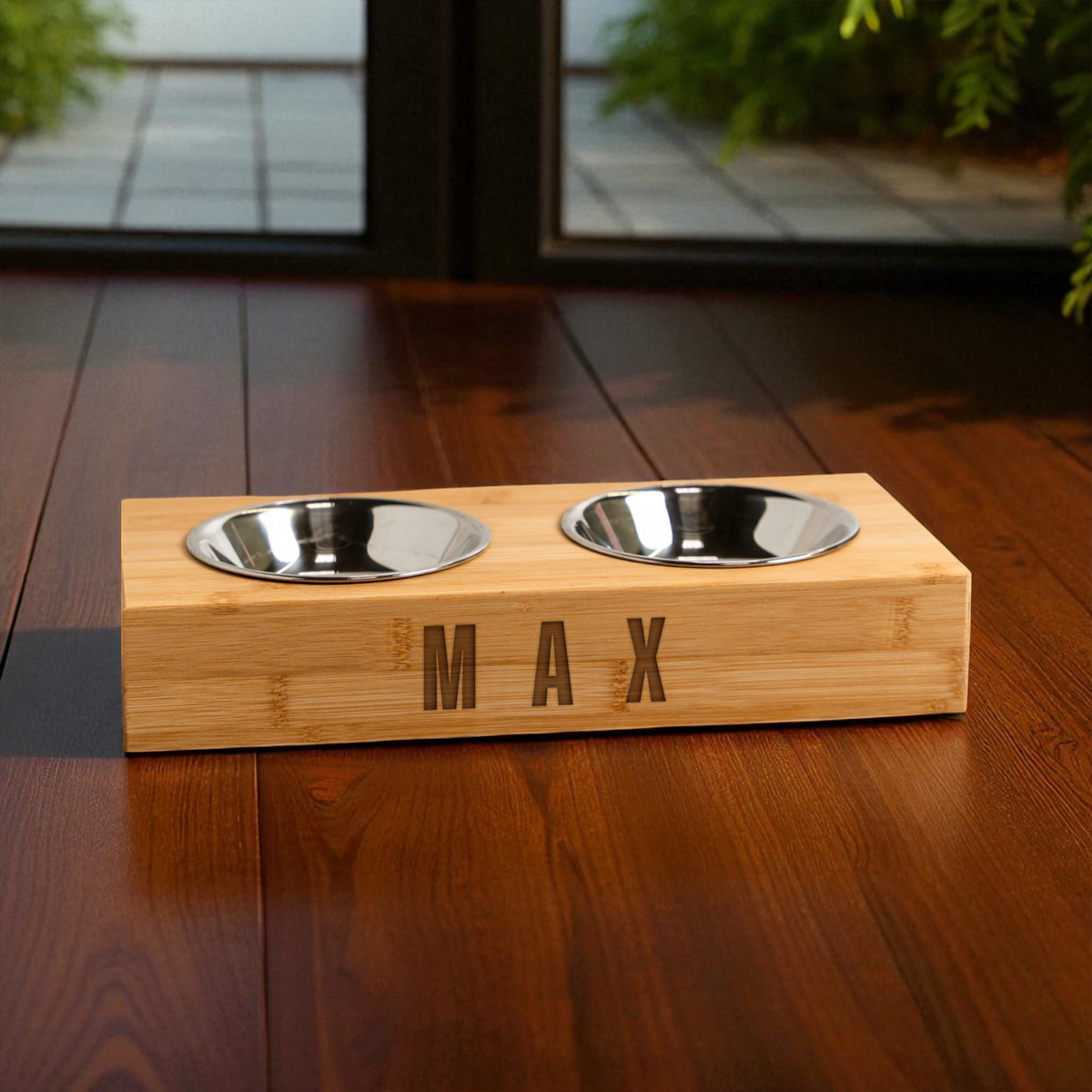 Personalized Wood Pet Feeding Stand with Dog Bowls