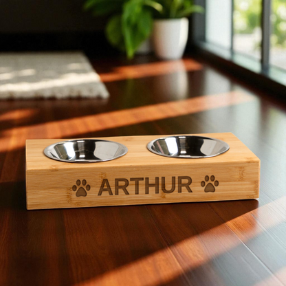 Personalized Wood Pet Feeding Stand with Dog Bowls