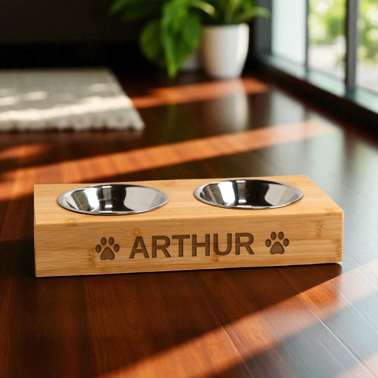 Personalized Wood Pet Feeding Stand with Dog Bowls