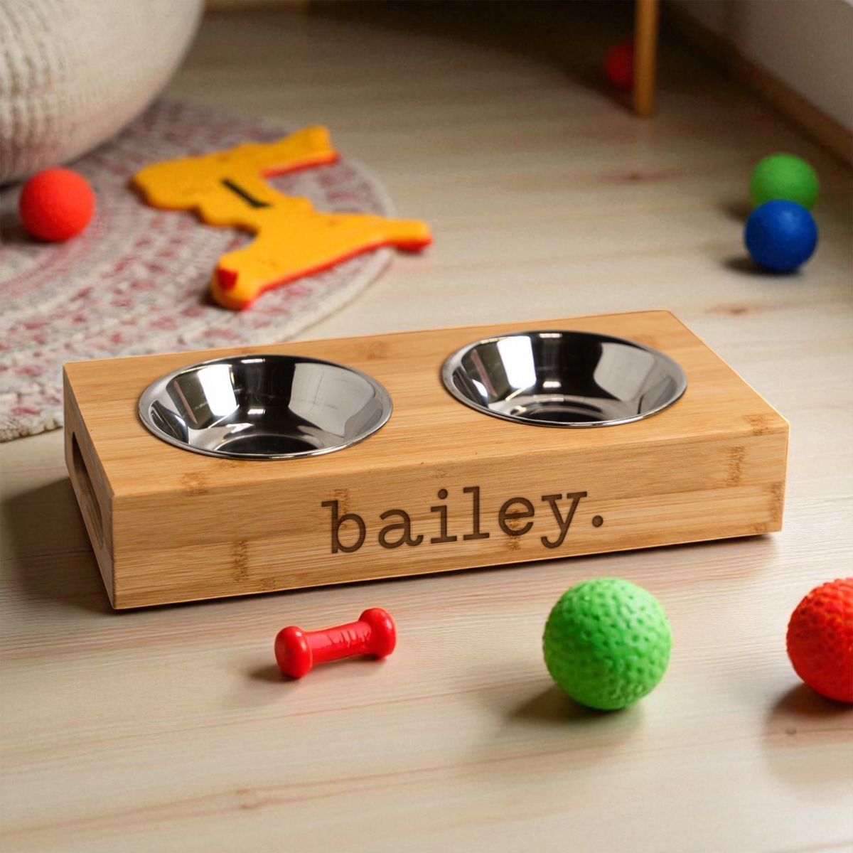 Personalized Wood Pet Feeding Stand with Dog Bowls