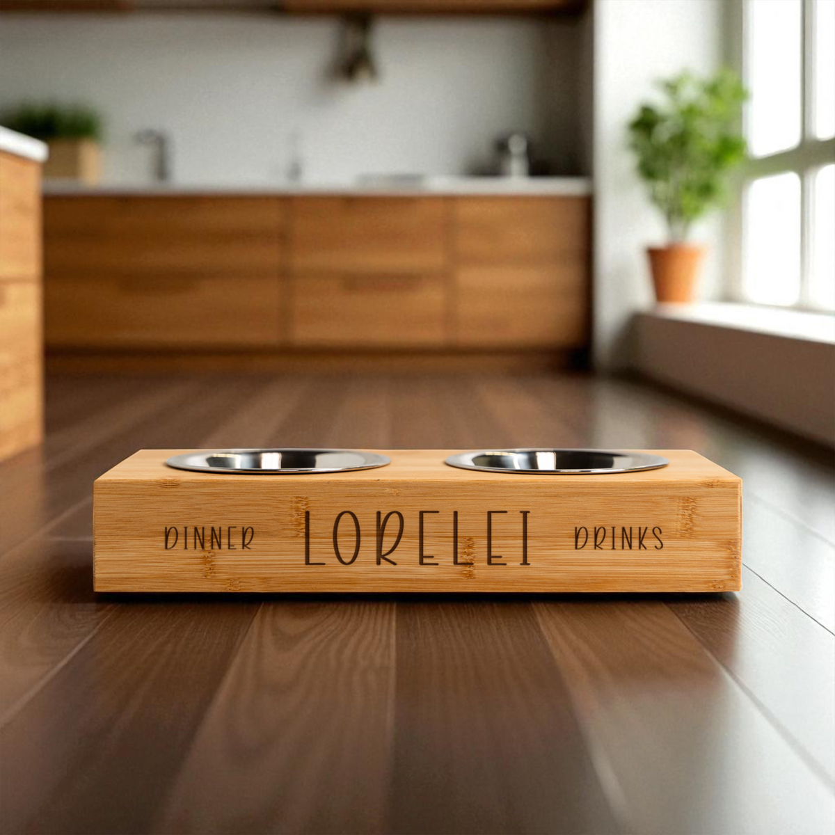 Personalized Wood Pet Feeding Stand with Dog Bowls