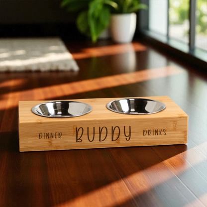 Personalized Wood Pet Feeding Stand with Dog Bowls
