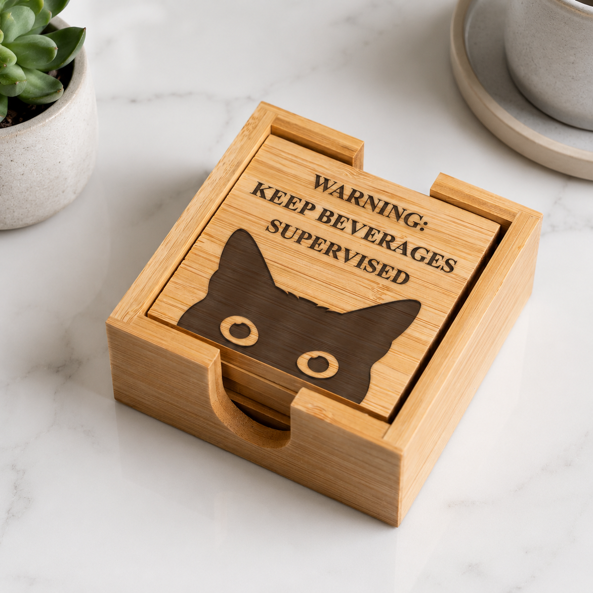 Warning: Keep Beverages Supervised Bamboo Coaster Set