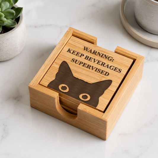 Warning: Keep Beverages Supervised Bamboo Coaster Set