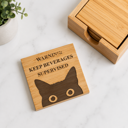 Warning: Keep Beverages Supervised Bamboo Coaster Set