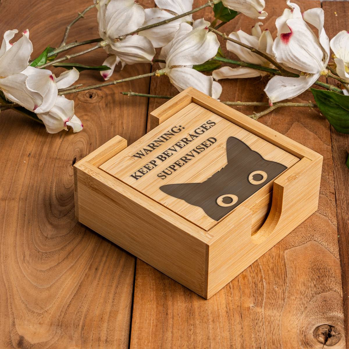 Warning: Keep Beverages Supervised Bamboo Coaster Set