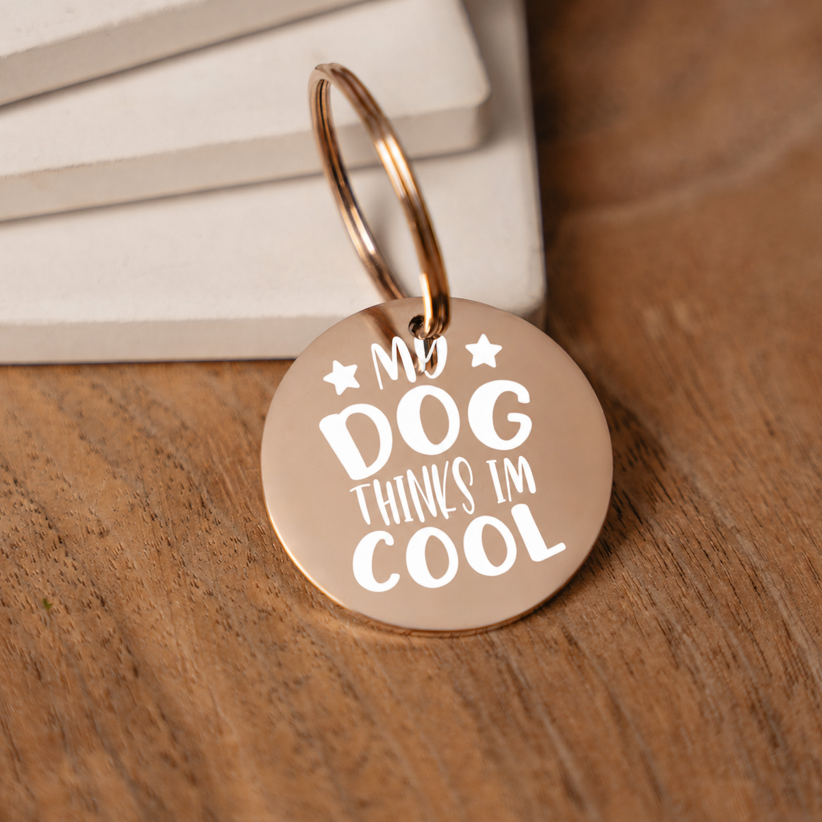 'My Dog Thinks I'm Cool' Engraved Keychain