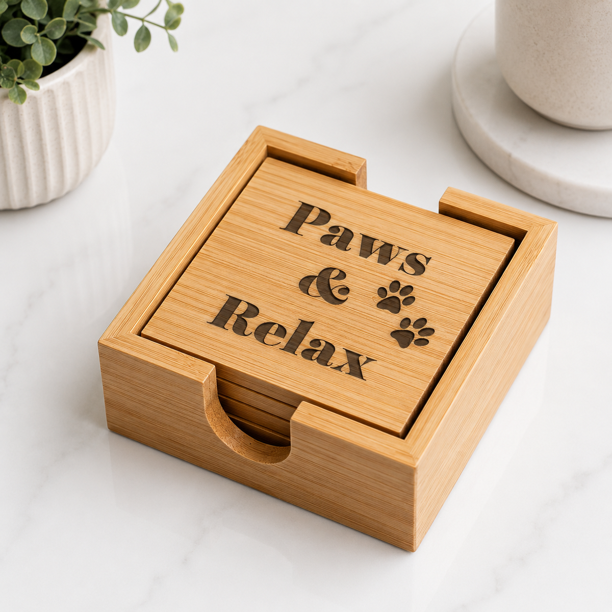 Paws & Relax Bamboo Coaster Set