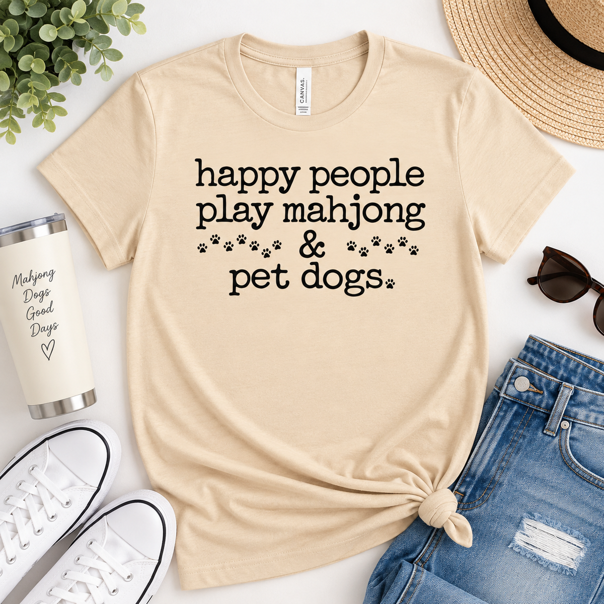 Happy People Play Mahjong and Pet Dogs Tee