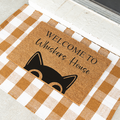 Personalized Cat Welcome Mat, Custom Cat Doormat, Welcome to Whiskers House Mat, Cat Lover Gift, Custom Pet Name Front Door Decor