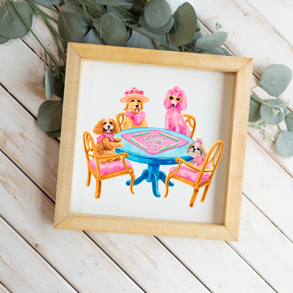 Mahjong Dog Wall Art, Dogs Playing Mahjong Sign, Pink Mahjong Room Decor, Dog Lover Gift, Framed Wooden Sign, Game Night Wall Decor