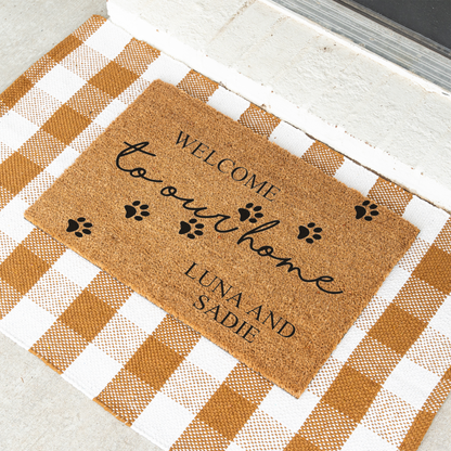 Personalized Pet Doormat, Welcome to Our Home Custom Pet Name Mat, Paw Print Door Mat, Dog Cat Lover Gift, Personalized Housewarming Decor
