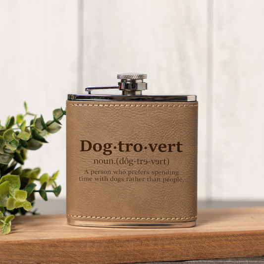 Leather Wrapped Flask 6oz Dog Lover Gift, Dog Trovert Flask for Pet Enthusiasts
