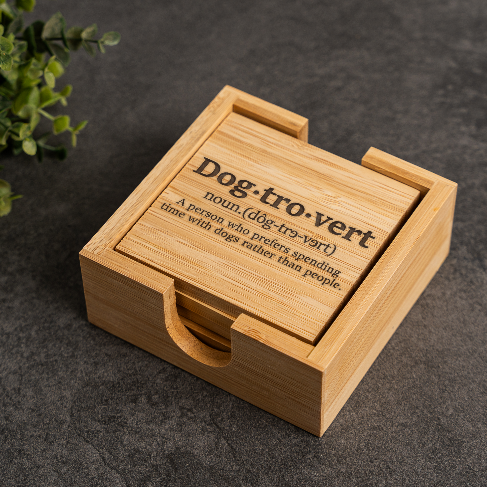 Bamboo Coaster Set With Holder, Dogtrovert Design, Eco-Friendly Home Decor