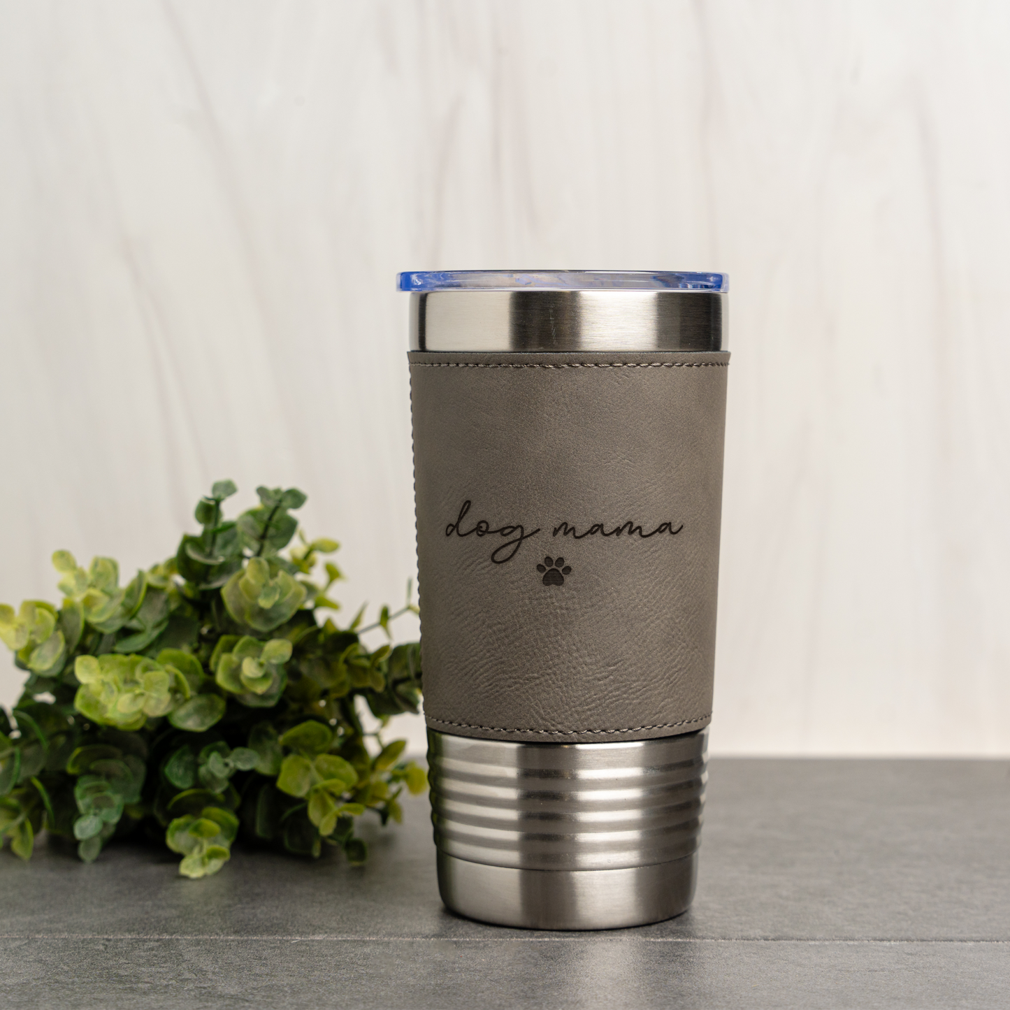 20oz Leather Wrapped Tumbler, Dog Mama Design, Insulated Travel Mug