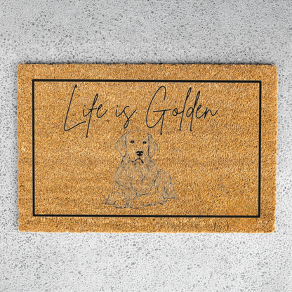 Life Is Golden Funny Dog Doormat, Dog Welcome Doormat, Funny Housewarming Gift, Modern Entryway Rug for Indoor Outdoor, Golden Retriever