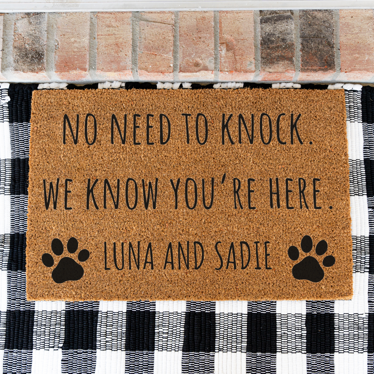Personalized Pet Doormat, No Need to Knock We Know You’re Here, Custom Pet Name Welcome Mat, Paw Print Door Mat, Funny Pet Lover Gift
