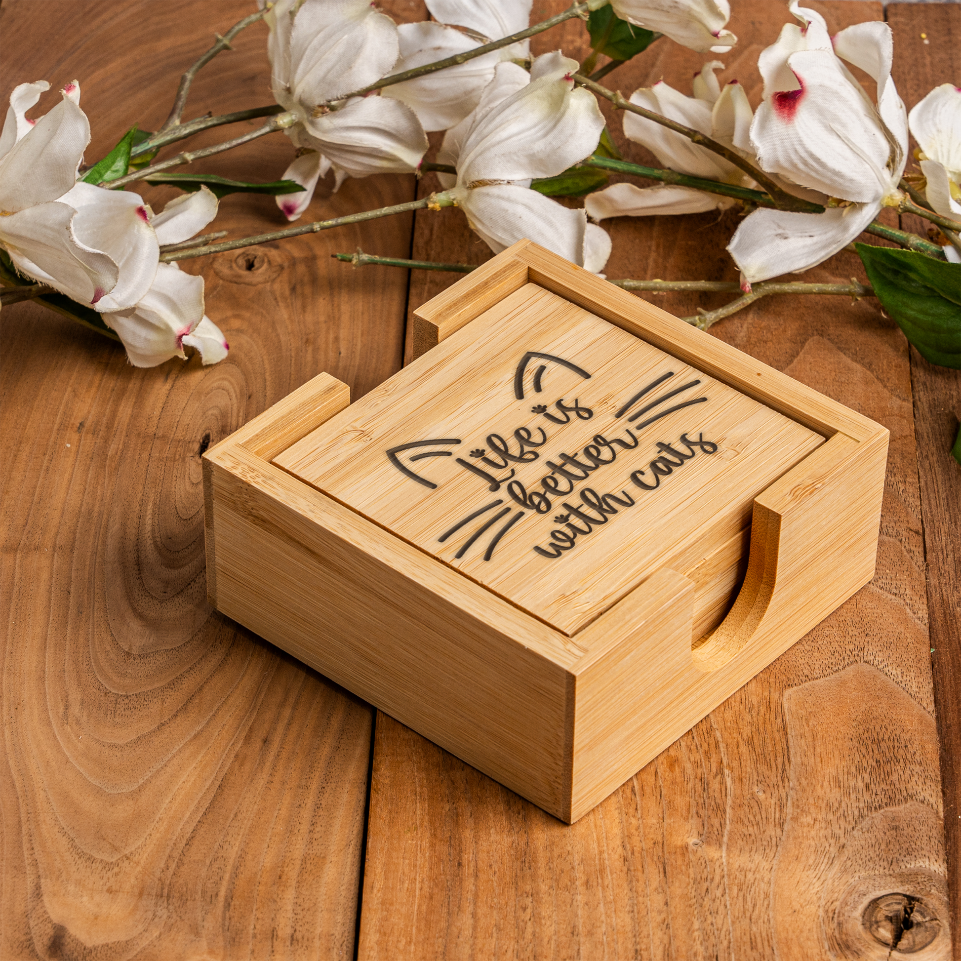 Bamboo Coaster Set With Holder, Cat Lovers Gift, Life is Better with Cats Design, Eco-Friendly Decor