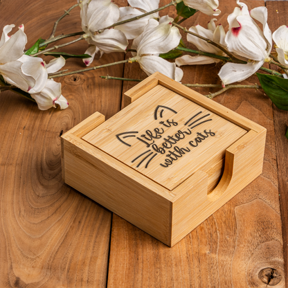 Bamboo Coaster Set With Holder, Cat Lovers Gift, Life is Better with Cats Design, Eco-Friendly Decor